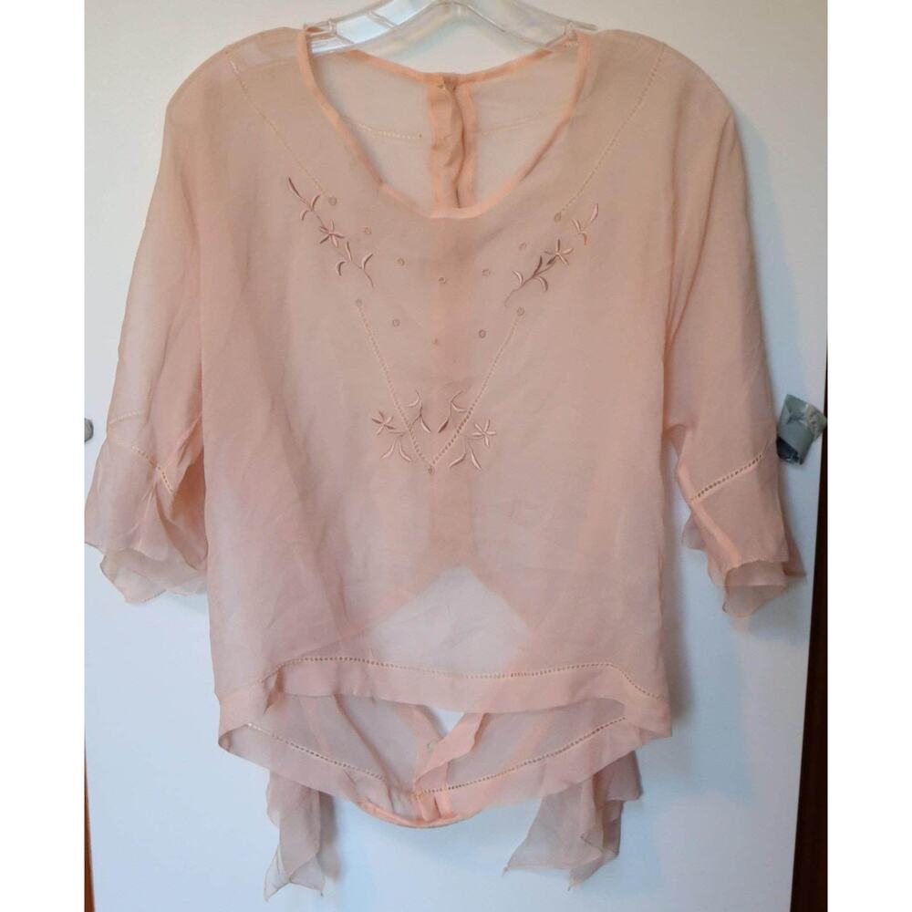 1920's Sheer Embroidered Chiffon Pink Blouse Unusual Waistline